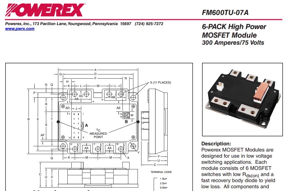 Mitsubishi Electric CorporationFM600TU-07A, 6-MOSFET 75V 300A, part: FM600TU-07A транзисторы полевые импортные